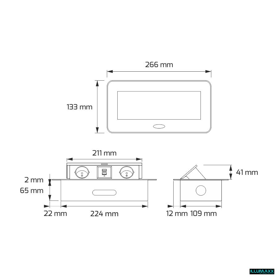 Výklopná elektrická zásuvka 2x230V+2xUSB vestavná černá s kabelem 2,0m , oblé hrany SCHUKO