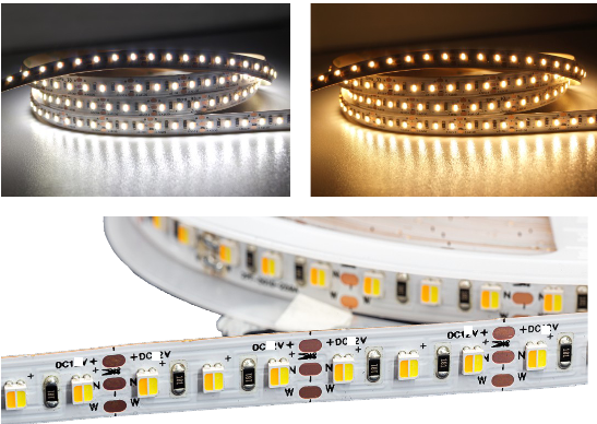 LED pásek 1cm, SMD3527, CCT,120xLED/m, 19,2W/m, vnitřní IP20, 12V