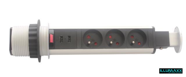 Výsuvná zásuvková lišta s USB šedá s kabelem 2,0m - zásuvková lišta 3x230V+2xUSB
