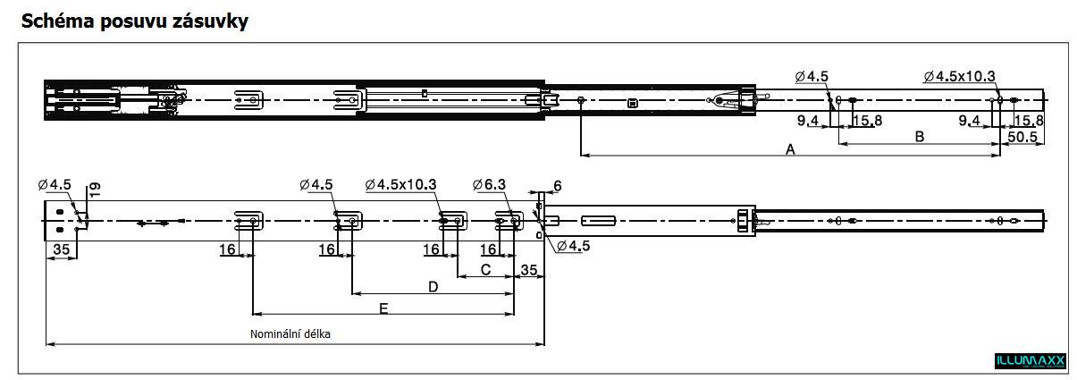 Kuličkový plnovýsuv PUSH, délka 450mm