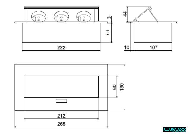 Výklopná elektrická zásuvka 3x230V vestavná černá s kabelem 1,5m