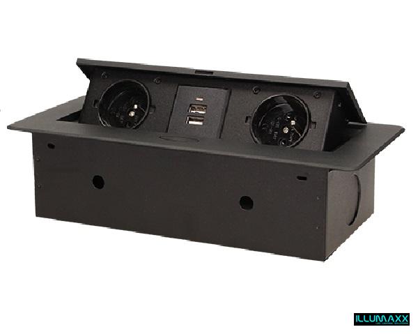 Výklopná elektrická zásuvka 2x230V+2xUSB vestavná černá, oblé hrany s kabelem 2,0m