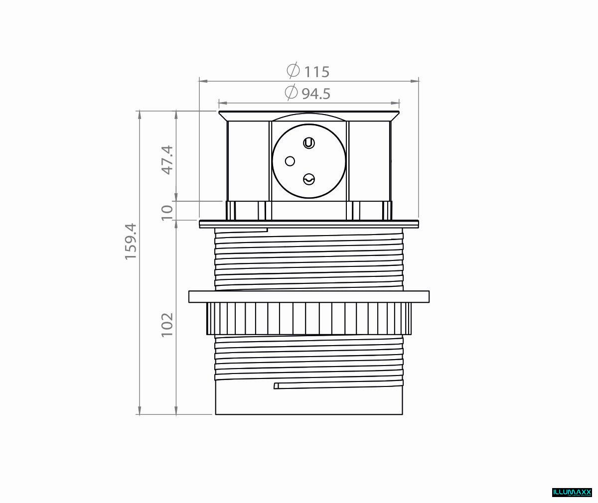 Výsuvná stolová zásuvka nízká stříbrná s kabelem 1,5m , 3 zásuvky 230V + 2x USB