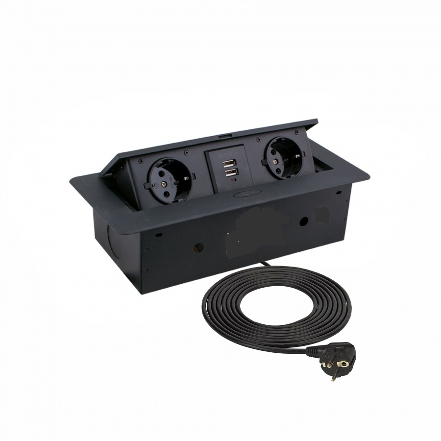 Výklopná elektrická zásuvka 2x230V+2xUSB vestavná černá s kabelem 2,0m , oblé hrany SCHUKO