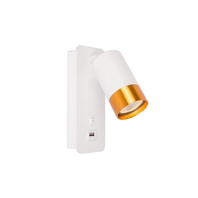 Nástěnné svítidlo do ložnice, na žárovku GU10 s USB nabíječkou, bílo/zlaté