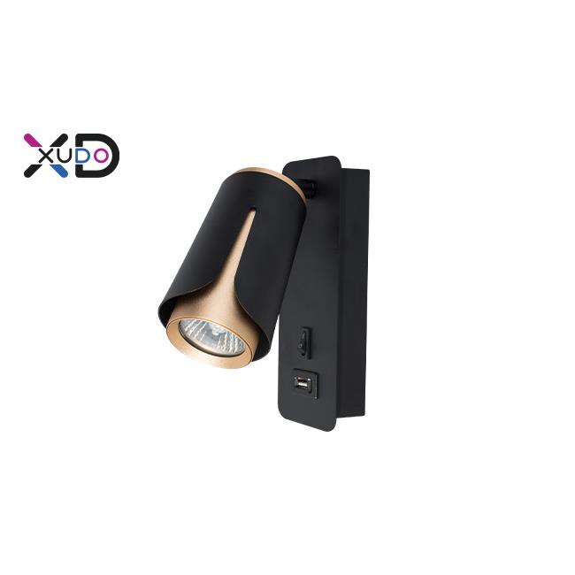 Nástěnné svítidlo WALL XUDO, na žárovku GU10 s USB nabíječkou, černo/zlaté