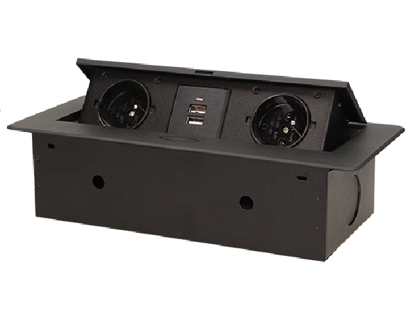 Výklopná elektrická zásuvka 2x230V+2xUSB vestavná černá, oblé hrany