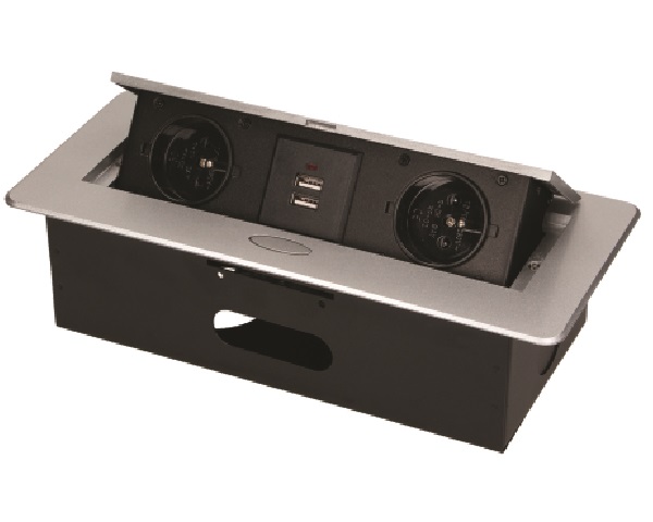 Výklopná elektrická zásuvka 2x230V+2xUSB vestavná stříbrná, oblé hrany
