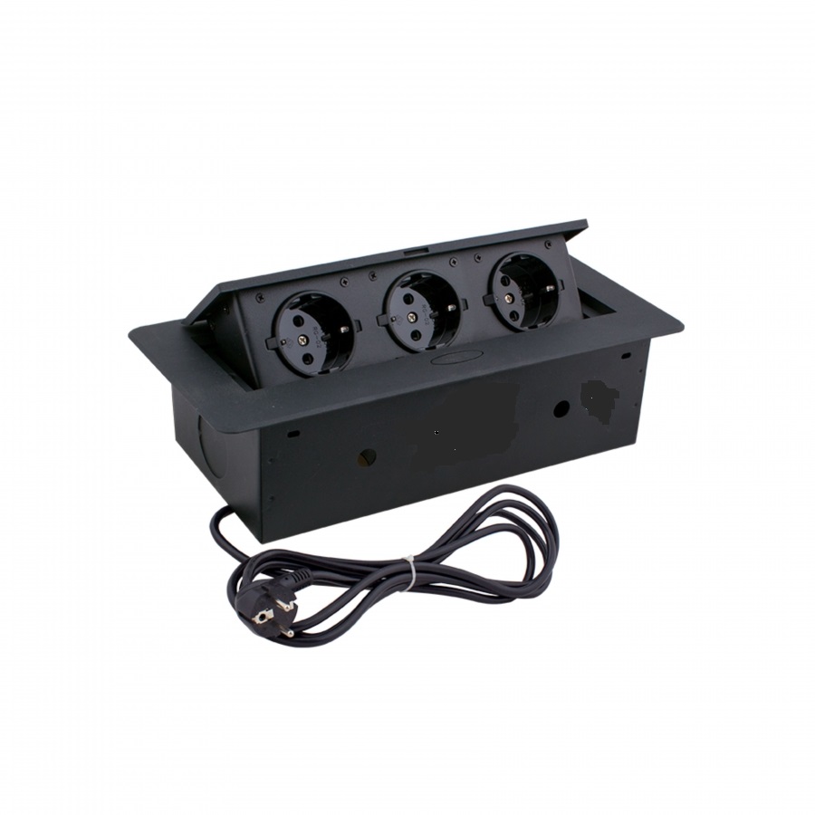 Výklopná elektrická zásuvka 3x230V vestavná černá s kabelem 1,5m , oblé hrany SCHUKO
