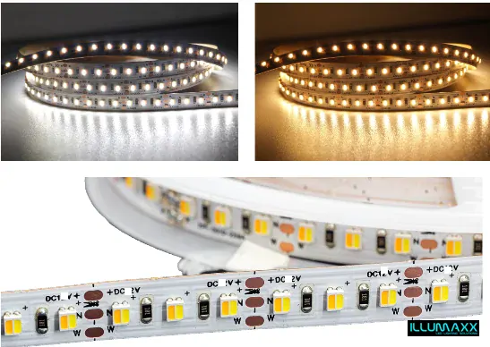 LED pásek 1cm, SMD3527, CCT,120xLED/m, 19,2W/m, vnitřní IP20, 24V