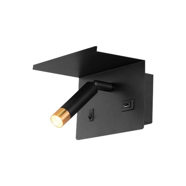 Nástěnné svítidlo do ložnice BEDROOM LIGHT BLACK TOP SHELF USB-A, na žárovku G9 s USB nabíječkou, černé