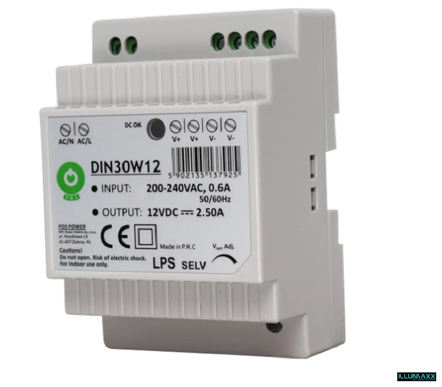 Napájecí zdroj POS DIN30W12, 12V 2,5A 30W IP20
