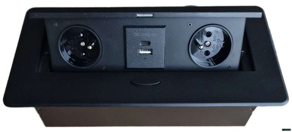 Výklopná elektrická zásuvka 2x230V+1xUSB-A + 1x USB-C, vestavná černá, oblé hrany s kabelem 2,0m