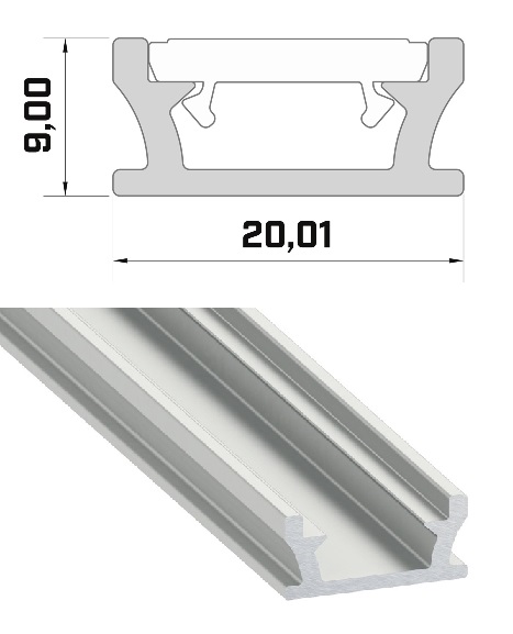 Hliníkový profil pro led pásky 20x9 barva stříbrná elox délka 2m, PLP15
