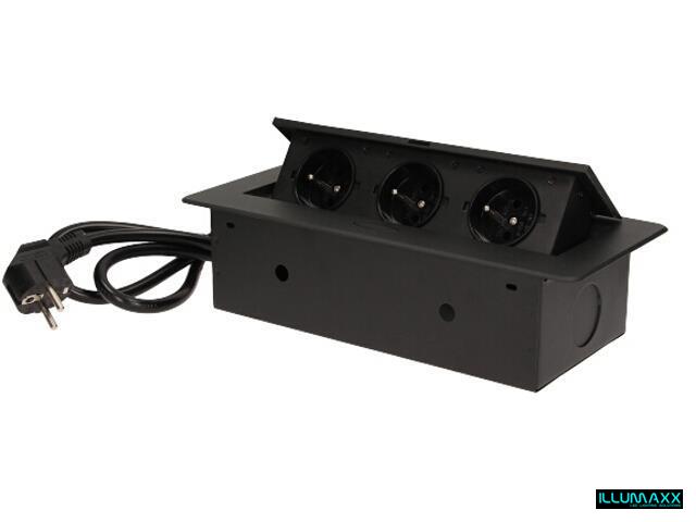 Orno, výklopná elektrická zásuvka do pracovní desky, OR-AE-1337/B,  3x230V, černá, vestavná s kabelem 1,5m , oblé hrany