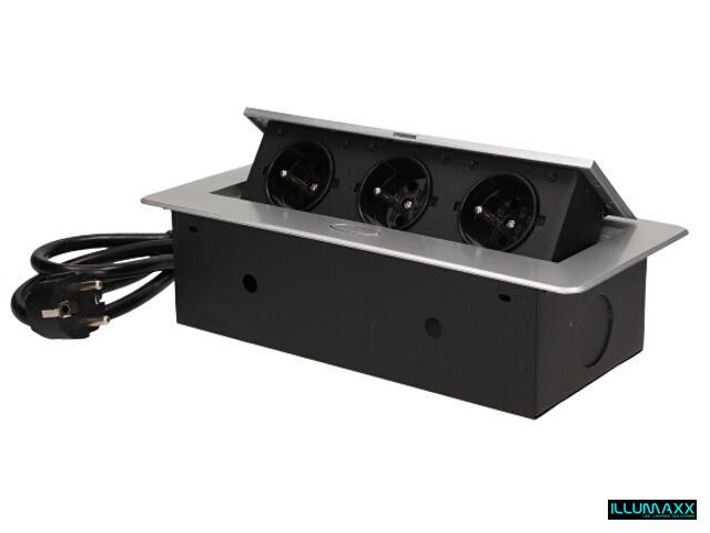 Výklopná elektrická zásuvka 3x230V vestavná stříbrná s kabelem 1,5m , oblé hrany