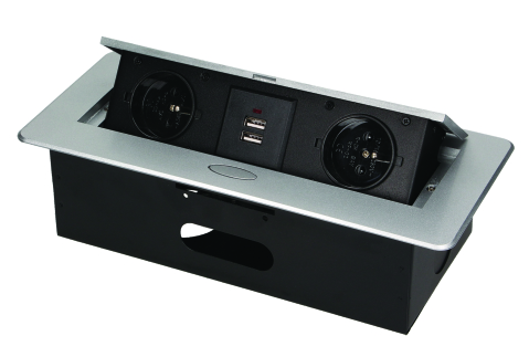 Výklopná elektrická zásuvka 2x230V+2xUSB vestavná stříbrná, oblé hrany