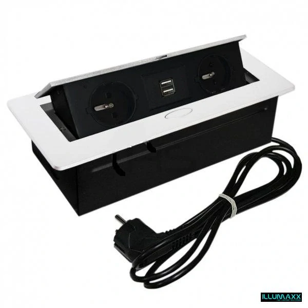 Výklopná elektrická zásuvka 2x230V+2xUSB vestavná bílá, oblé hrany s kabelem 2,0m