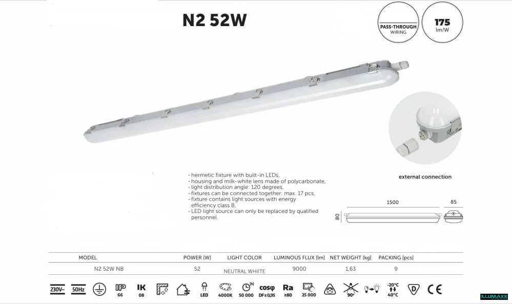 LED prachotěsné svítidlo 52W 9100lm PC 4000K
