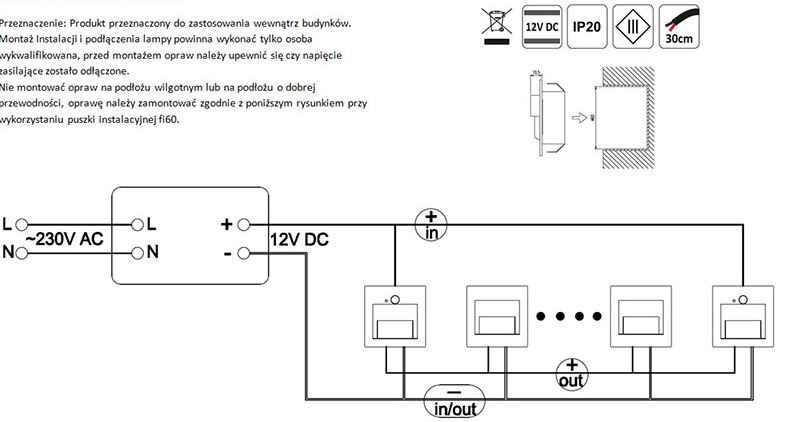 LED vestavné svítidlo schodišťové bílé DECORUS 1,5W/12V 9xSMD3014 teplá bílá s pohybovým čidlem