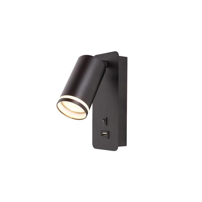 Nástěnné svítidlo do ložnice, na žárovku GU10 s USB nabíječkou, černé