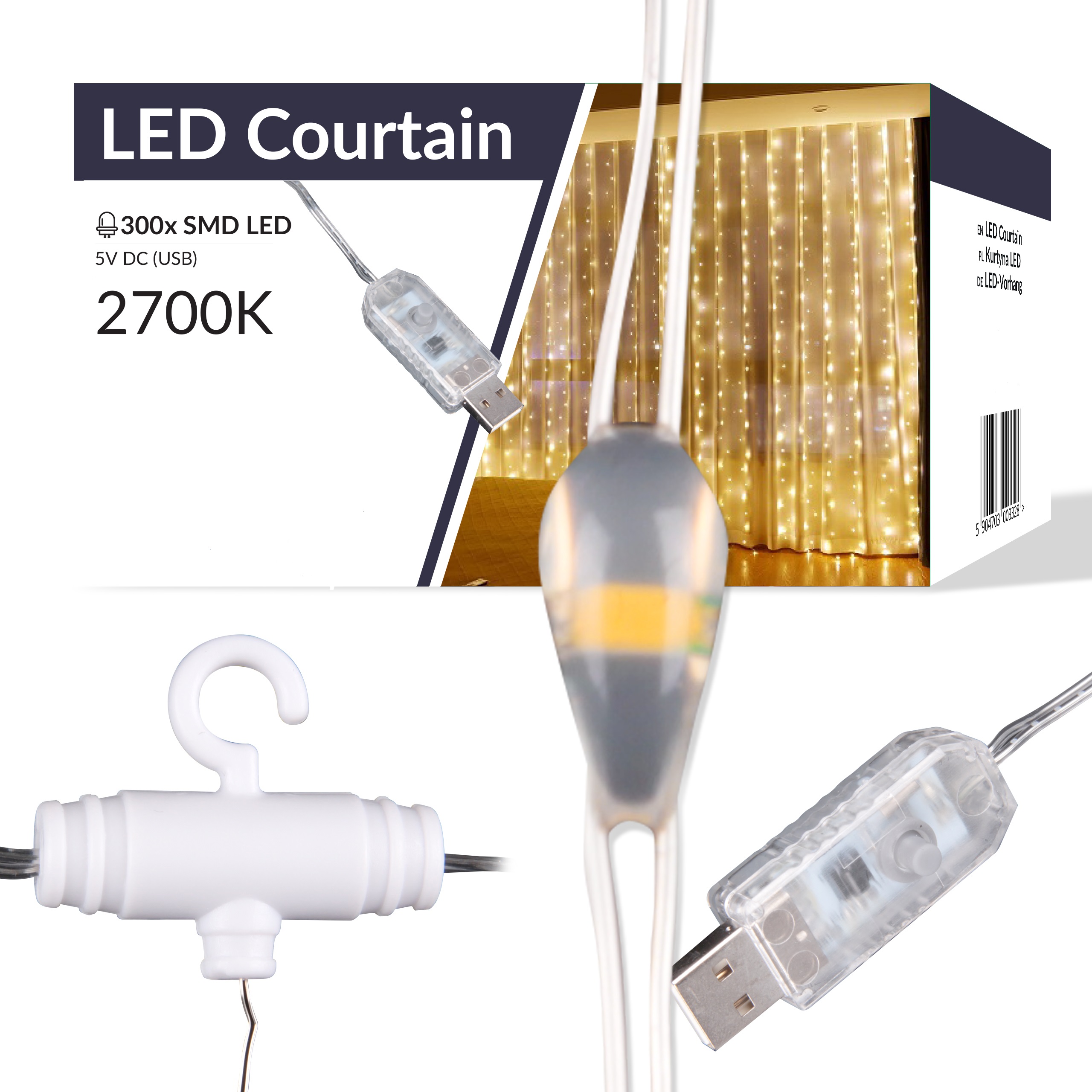 Vánoční dekorace - LED závěs 300x300cm, 300LED s dálkovým ovladačem, teplá bílá 2700K, napájení 5V / USB