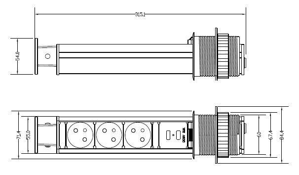 Výsuvná zásuvková lišta s USB černá s kabelem 2,0m - zásuvková lišta 3x230V+2xUSB
