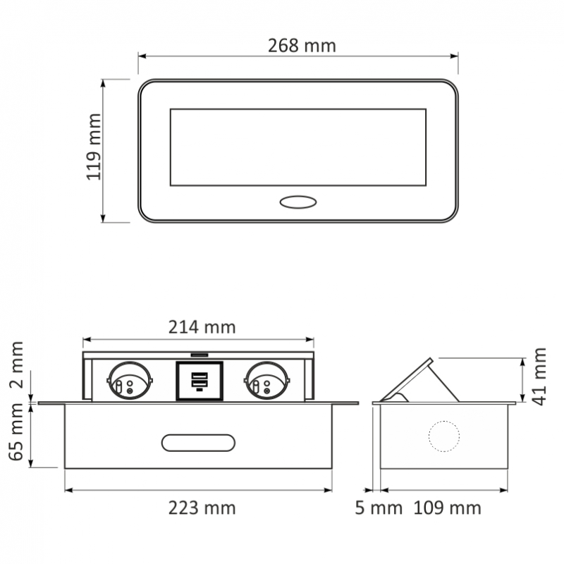 Výklopná elektrická zásuvka 2x230V+1xUSB-A + 1x UBC-C, vestavná stříbrná, oblé hrany s kabelem 2,0m