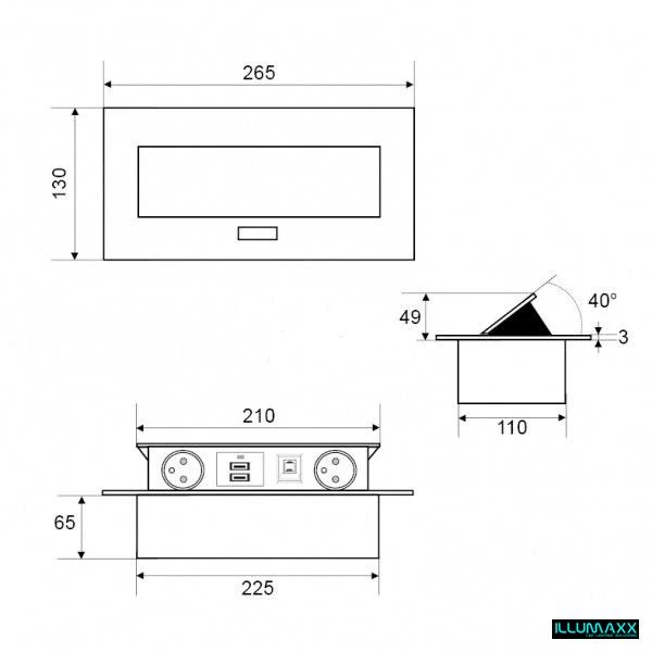 Výklopná elektrická zásuvka 2x230V + 2xUSB + 1xRJ45 vestavná stříbrná s kabelem 2,0m