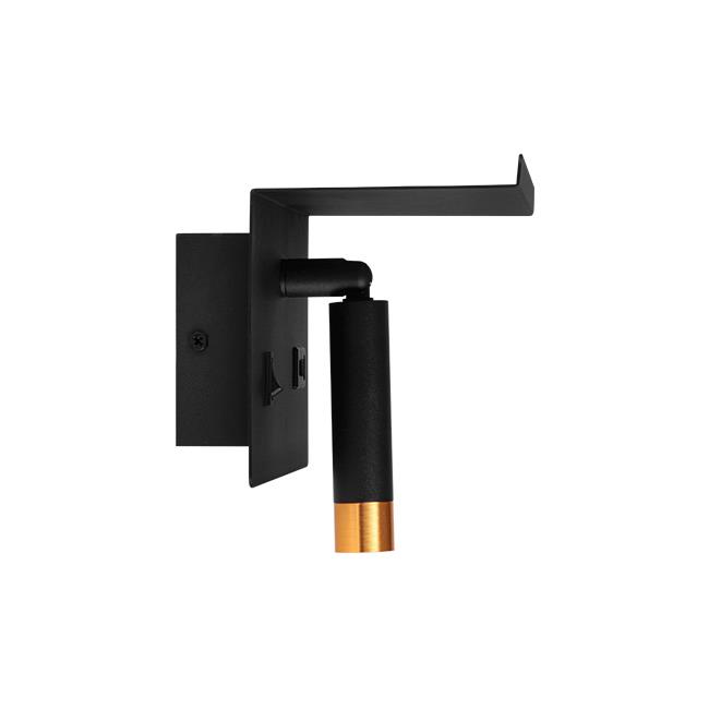 Nástěnné svítidlo do ložnice BEDROOM LIGHT BLACK TOP SHELF USB-A, na žárovku G9 s USB nabíječkou, černé