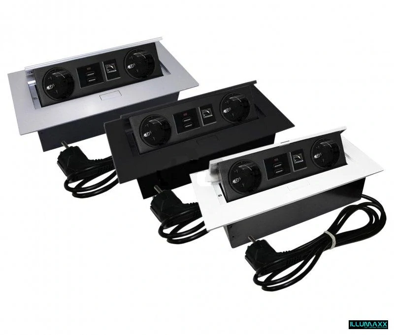 Výklopná elektrická zásuvka 2x230V + 2xUSB + 1xRJ45 vestavná stříbrná s kabelem 2,0m