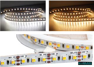 LED pásek 1cm, SMD3527, CCT,120xLED/m, 19,2W/m, vnitřní IP20, 24V