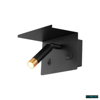 Nástěnné svítidlo do ložnice BEDROOM LIGHT BLACK TOP SHELF USB-A, na žárovku G9 s USB nabíječkou, černé