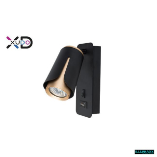 Nástěnné svítidlo WALL XUDO, na žárovku GU10 s USB nabíječkou, černo/zlaté