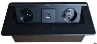 Výklopná elektrická zásuvka 2x230V+1xUSB-A + 1x USB-C, vestavná černá, oblé hrany s kabelem 2,0m
