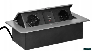 ILLUMAXX výklopná elektrická zásuvka 2x230 V 1xUSB-A 1xUSB-C vestavná stříbrná, oblé hrany s kabelem 2 m