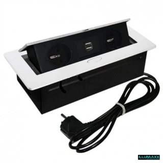 Výklopná elektrická zásuvka 2x230V+2xUSB vestavná bílá, oblé hrany s kabelem 2,0m
