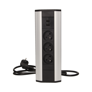 Rohová elektrická zásuvka 3x230V + 2xUSB stříbrná/černá s kabelem 1,5m